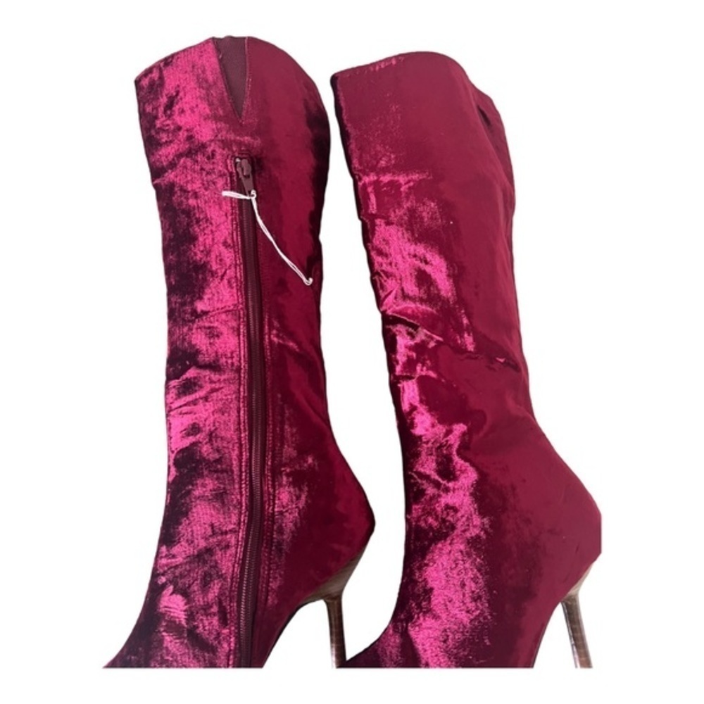 Colin Stuart Red Velvet Leather Mid Calf Pointed Toe Heel Boots Size 7M - Picture 15 of 16
